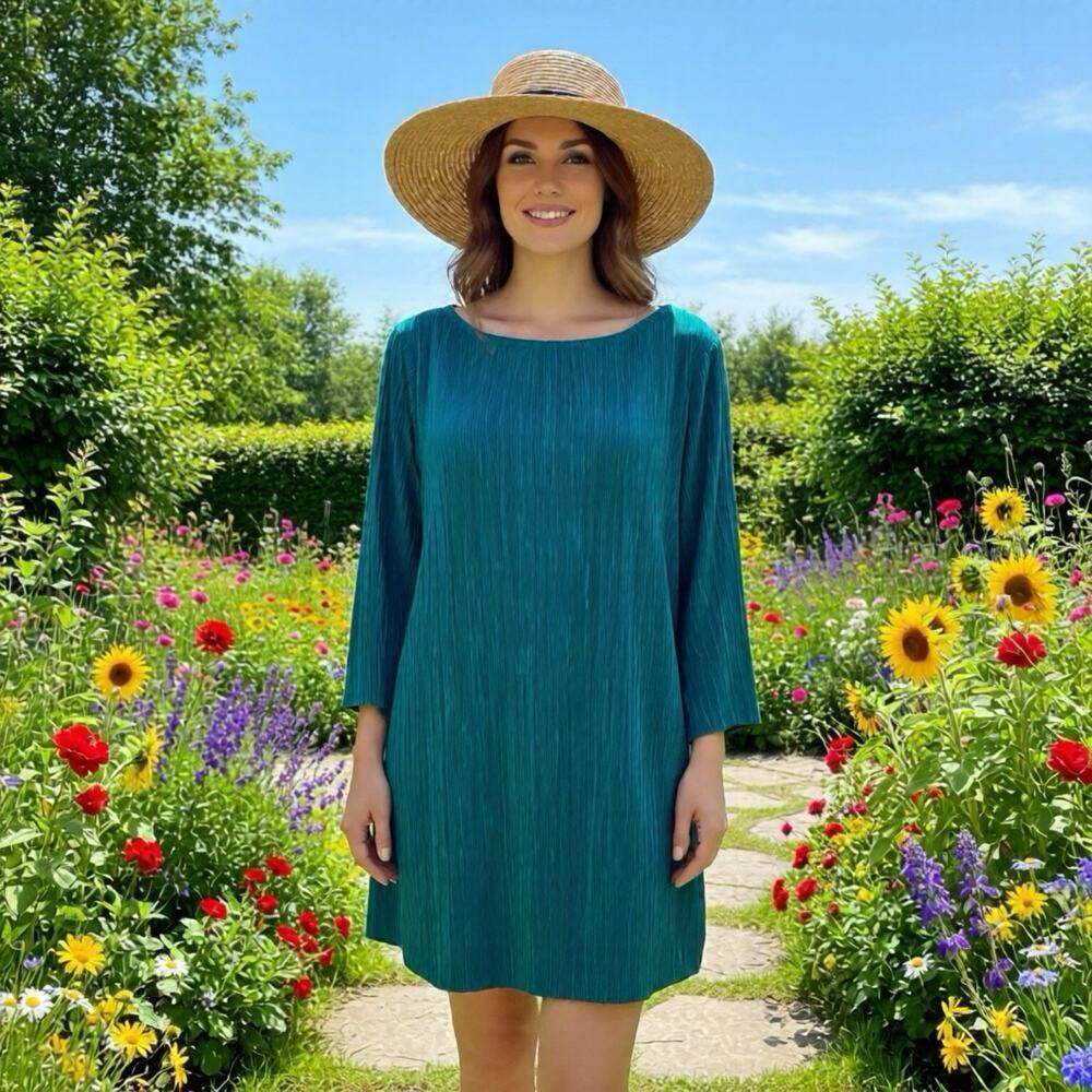 New Simply Emma DarkGreen Top 2X 3/4 Split Sleeve Lightweight Plisse Pleated Y2K